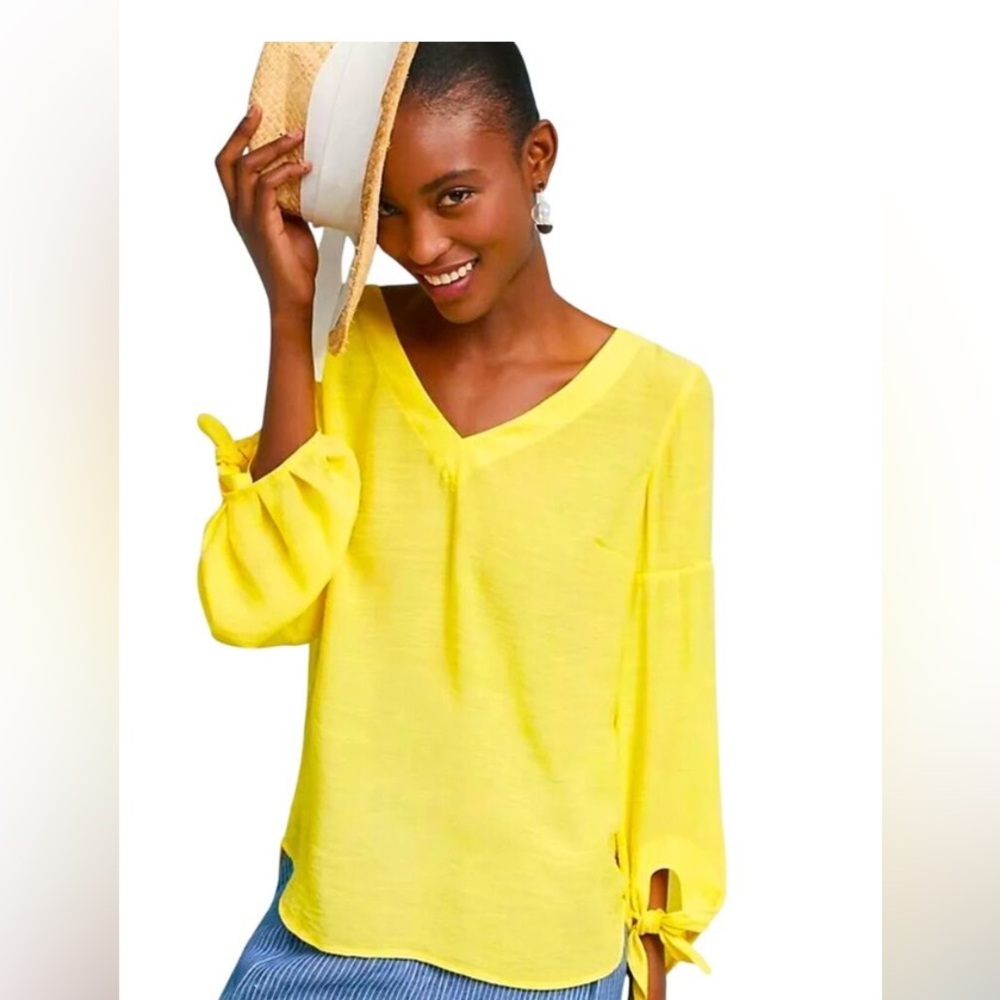 Anthropologie Maeve size XS long sleeved yellow slightly sheer ties at wrist EUC